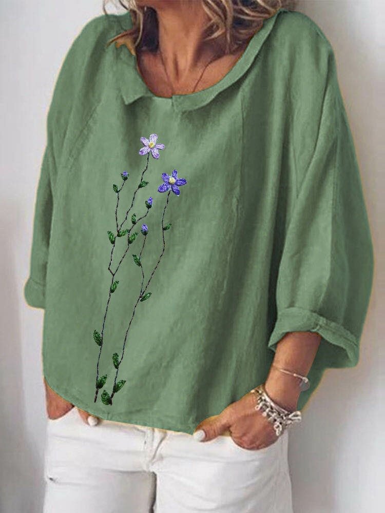 Flower Embroidery Long Sleeve Doll Collar Blouse For Women P1711003