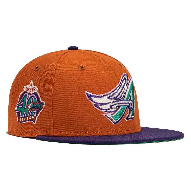 Exclusive New Era 59Fifty Cactus Fruit Los Angeles Angels 40th Anniversary Patch Hat- Burnt Orange, Purple QueenFunky
