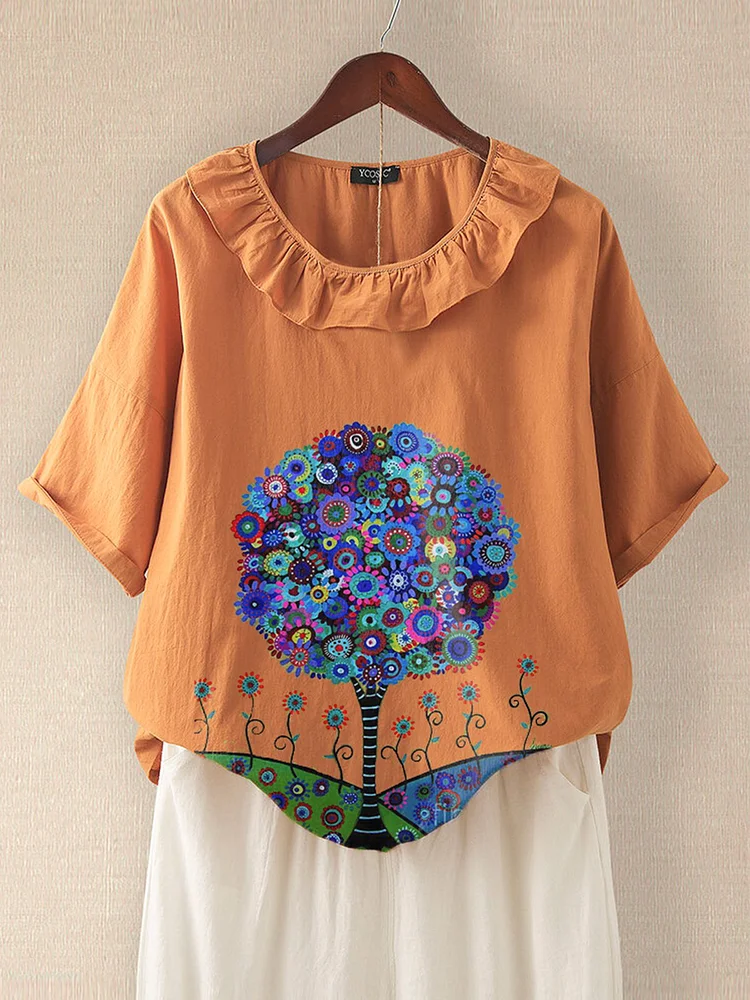 Bestdealfriday Orange Casual Cotton Blend Floral Shirts Tops 9354797