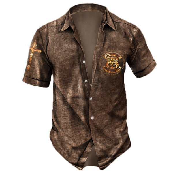 Mens Vintage Route 66 Print Short Sleeve Shirt