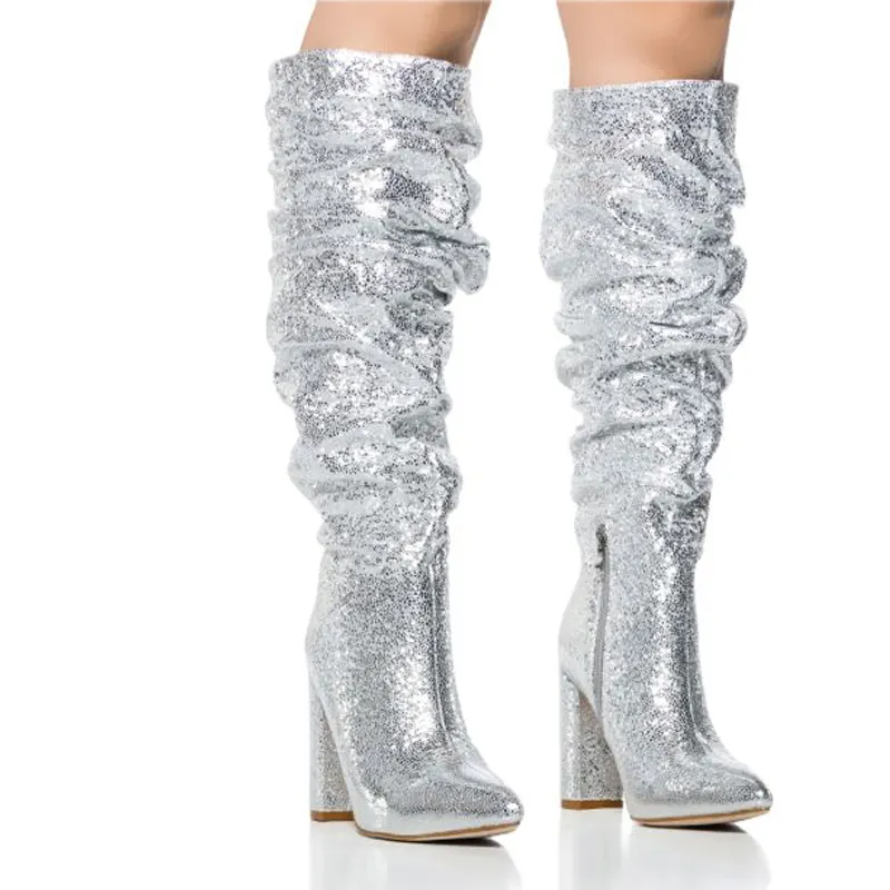 VCSHOES Style Thick Heel Fold High Boots Side Zipper Women's Boots Silver Boots Large Size Women's Shoes 44