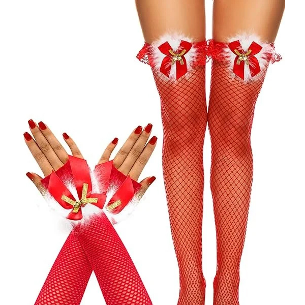 Feathria – Christmas Thigh High Fishnet Stockings with Feather Trim & Bows, Sexy Holiday Santa Hosiery By Rose Toy