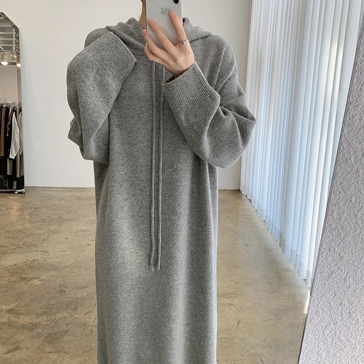 Loose Solid Knitted Split Hooded Midi Dress