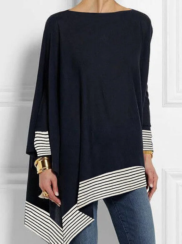 Batwing Sleeves Long Sleeves Split-Joint Striped Round-Neck T-Shirts