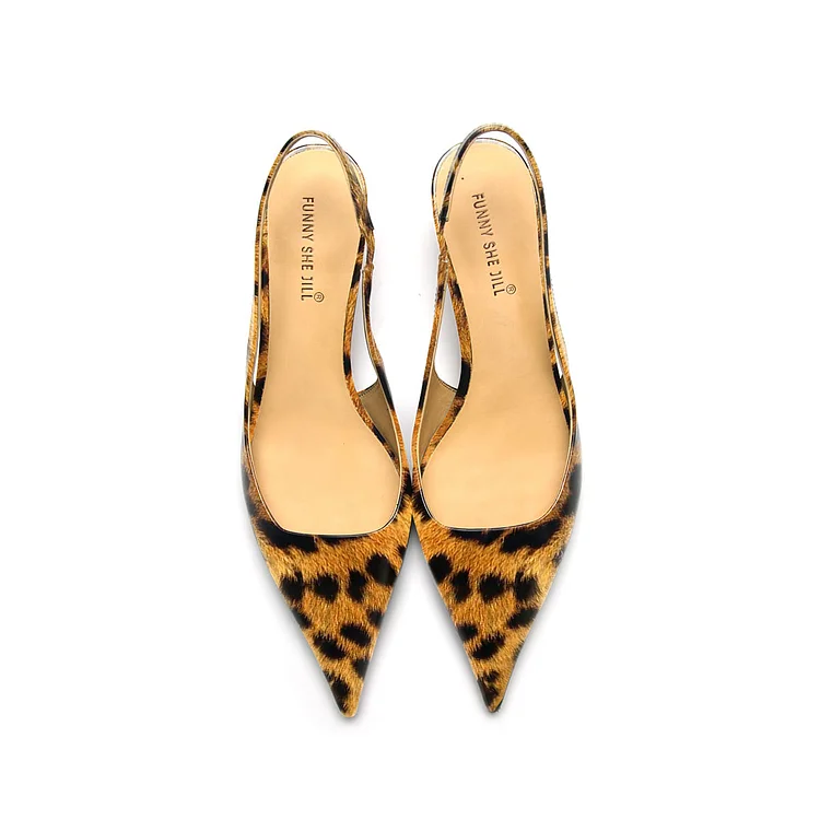 Brown Patent Leather Leopard Print Kitten Heels Slingback Pumps |FSJ Shoes