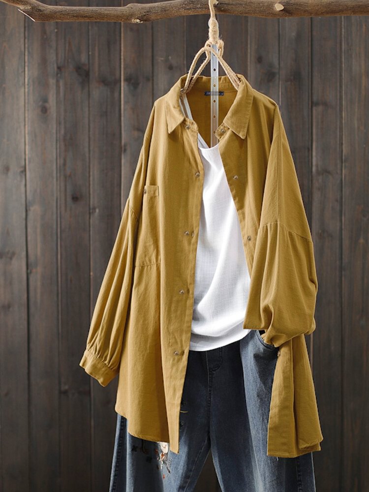 Solid Color Button Pocket Long Sleeve Casual Blouse for Women P1787131