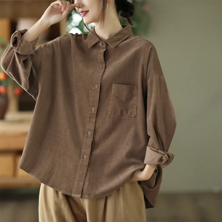 Simple Solid Color Long Sleeve Corduroy Shirt