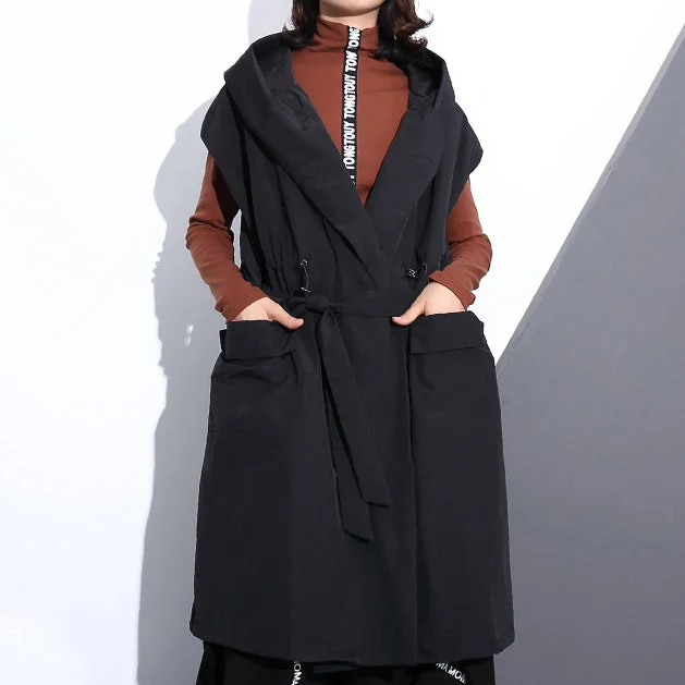 Fine black cotton blended tops plus size hooded tie waist clothing tops Elegant Sleeveless coats