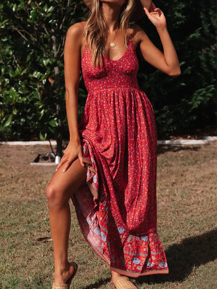 Comstylish Boho Floral V Neck Camisole Maxi Dress