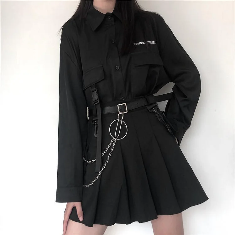 Pockets Cargo Shirts and Pleated Skirts Set With Belt