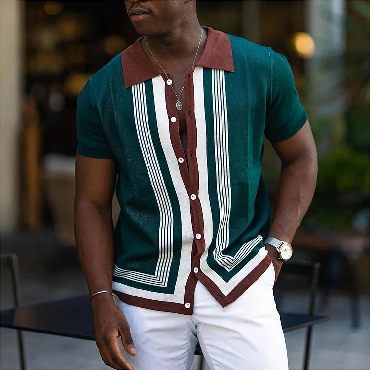 Men's Business Lapel Contrast Color Stripe Button Polo Shirt