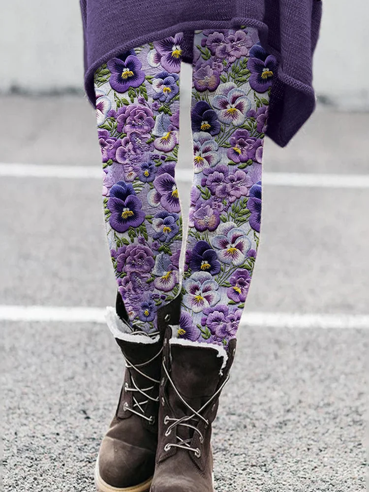 Comstylish Pansy Floral Embroidery Pattern Cozy Leggings