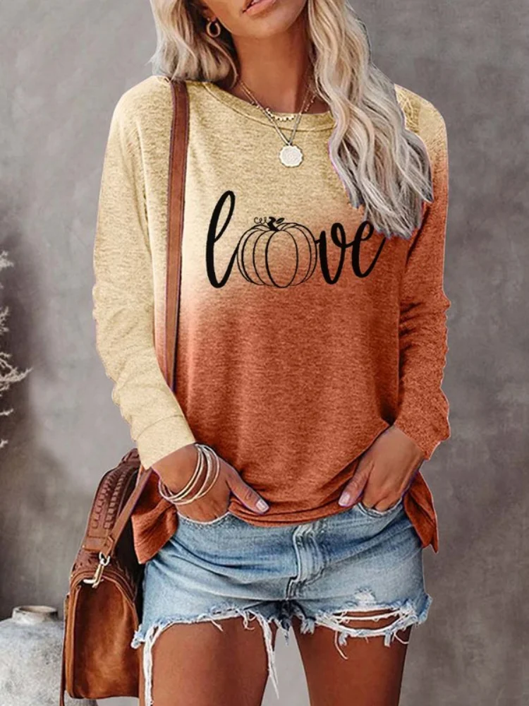 Vefave Love Pumpkin Print Gradient Casual T Shirt