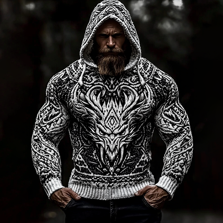 Men's Viking Tribal Dragon Jacquard Celtic Inspired Cozy Hooded Sweater