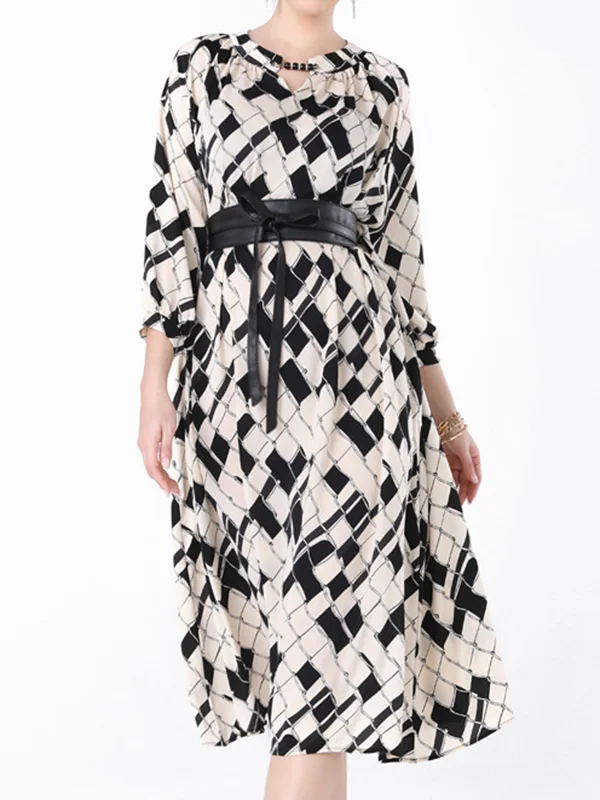 Roomy Three-Quarter Sleeves Belted Stamped Round-Neck Midi Dresses