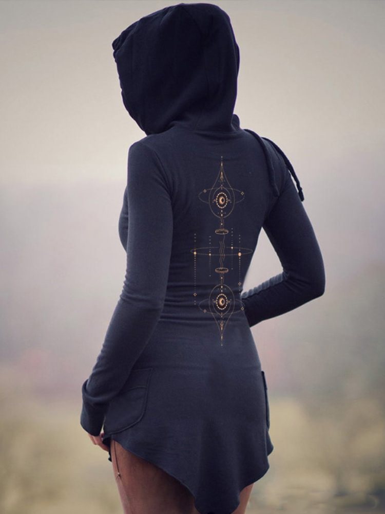 Tribal Totem Hooded Irregular Bottom Mini Dress