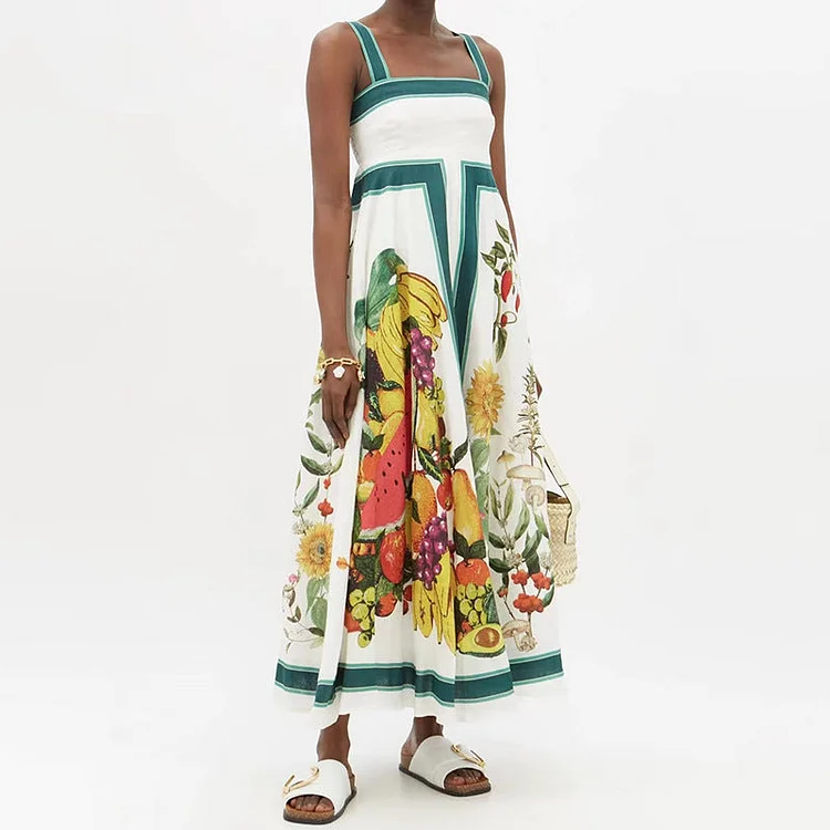 Squared Neck Sling Fruit Printed Dress