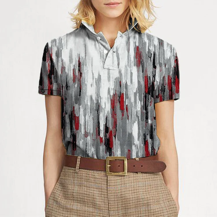 Vefave Stand Collar Watercolor Oil Print POLO Shirt
