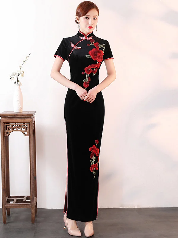 Black&Blue Velvet Stamped Short Sleeve Long Cheongsams