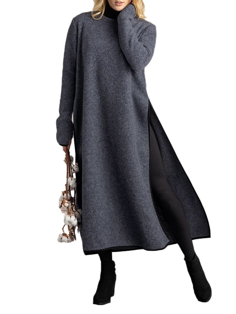 Solid Color Splited Long Sleeve O-neck Casual Dress For Women