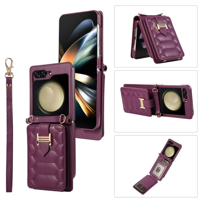 Crossbody Lanyard Folio Leather Phone Case With Wrist Strap And Card Slots For Samsung Z Flip3/Flip4/Flip5