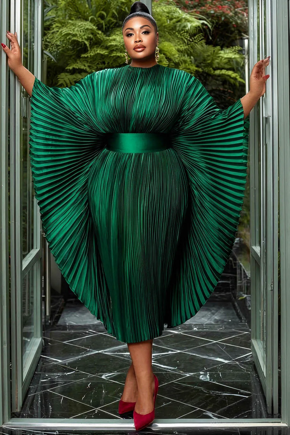 Xpluswear Design Plus Size Formal Emerald Green Round Neck Batwing