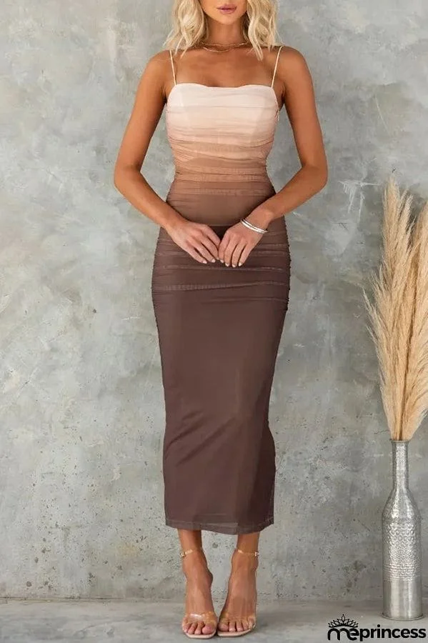 Timeless Sexy Mesh Gradient Ruched Cowl Neck Midi Dress
