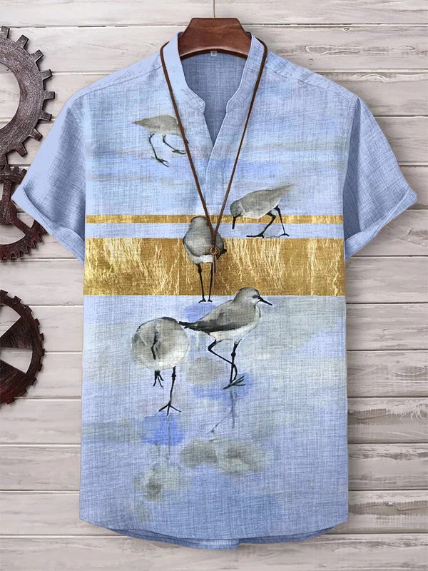 Men's Sea Gull Watercolor Print Casual V Neck T-Shirt