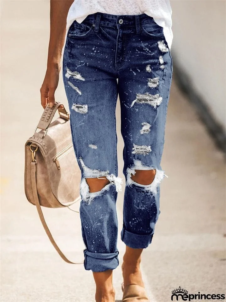 Women's Stretch Wash Effect Ripped Straight-Leg Street Style Jeans