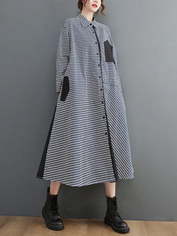 Original Vintage Plaid Stamped Buttoned Lapel Collar Long Sleeves Midi Shirt Dress