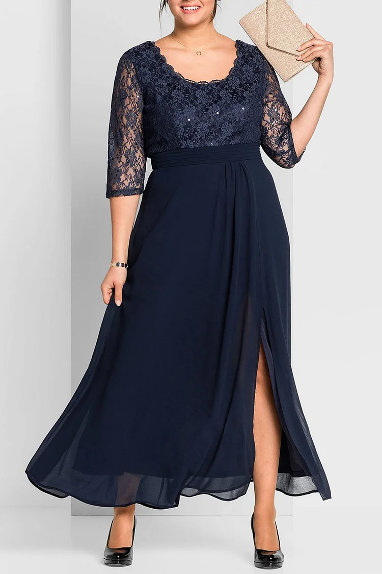 Flycurvy Plus Size Mother Of The Bride Navy Blue Chiffon Lace Stitching Double Layer Slit Maxi Dress  Flycurvy [product_label]