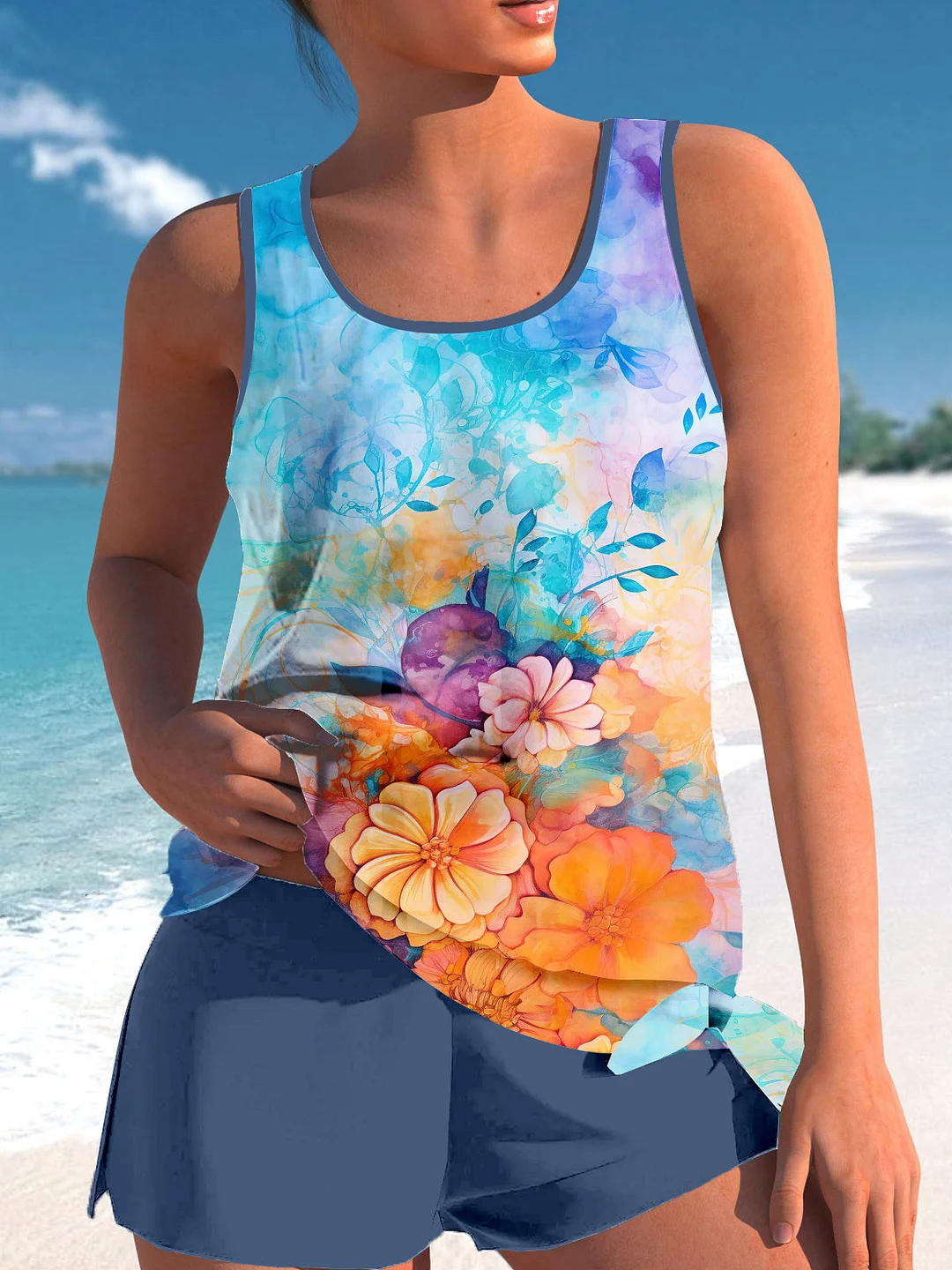 Bowknot Colorful Graphic Mid Waisted Tankini Set - Plus Size Available