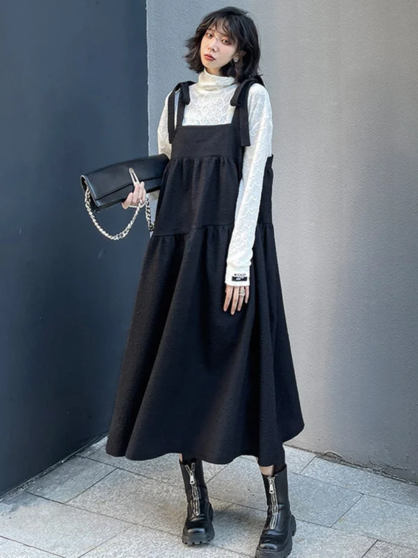 Urban Loose Solid Color Black A-Line Midi Dress