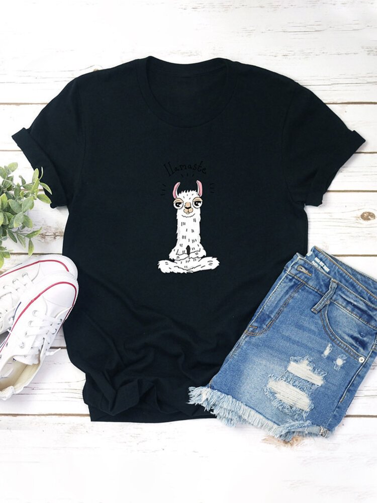 Cartoon Alpaca Print Short Sleeve O neck T shirt P1671237