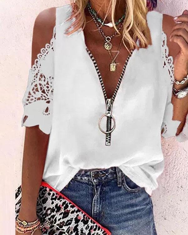 Lace Off Shoulder Pure Color Half Sleeves Casual Blouses - Chicaggo