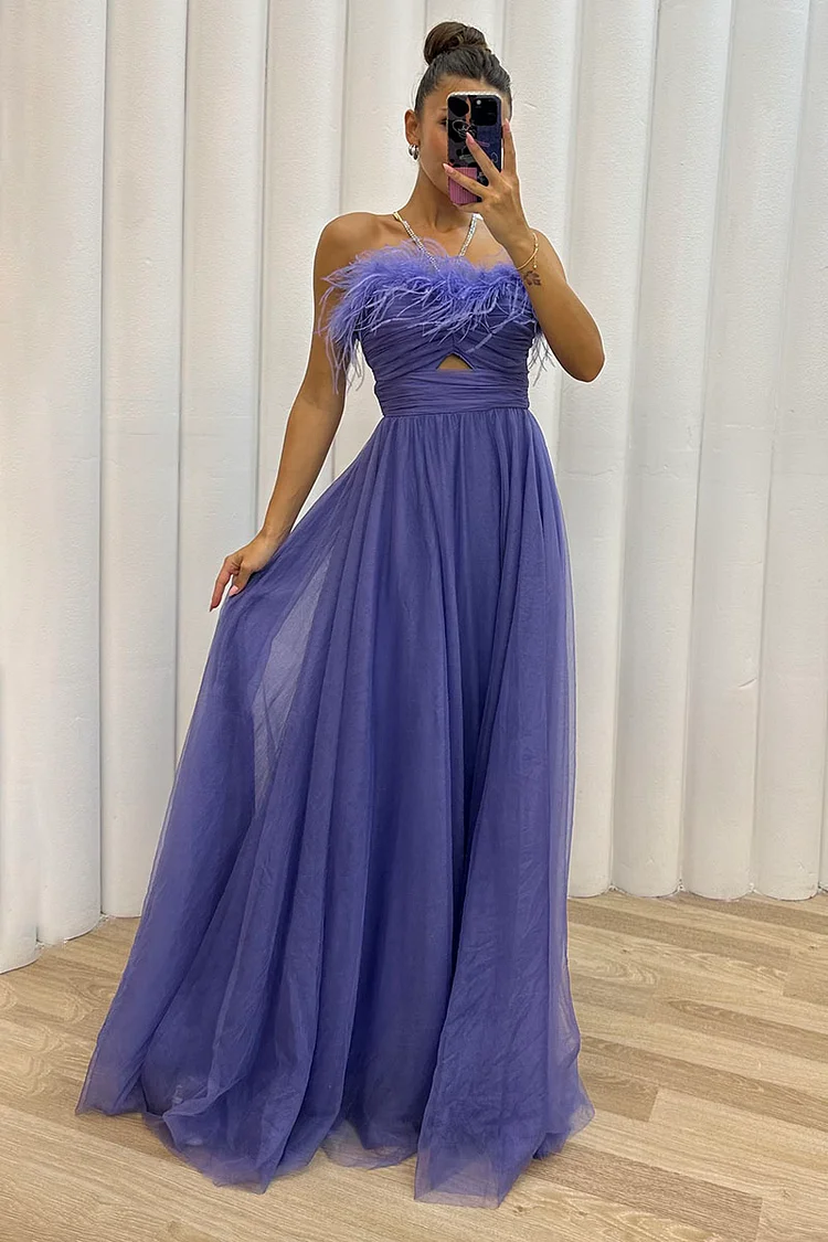Feather Strapless Cut Out Evening Gown Tulle Maxi Dresses