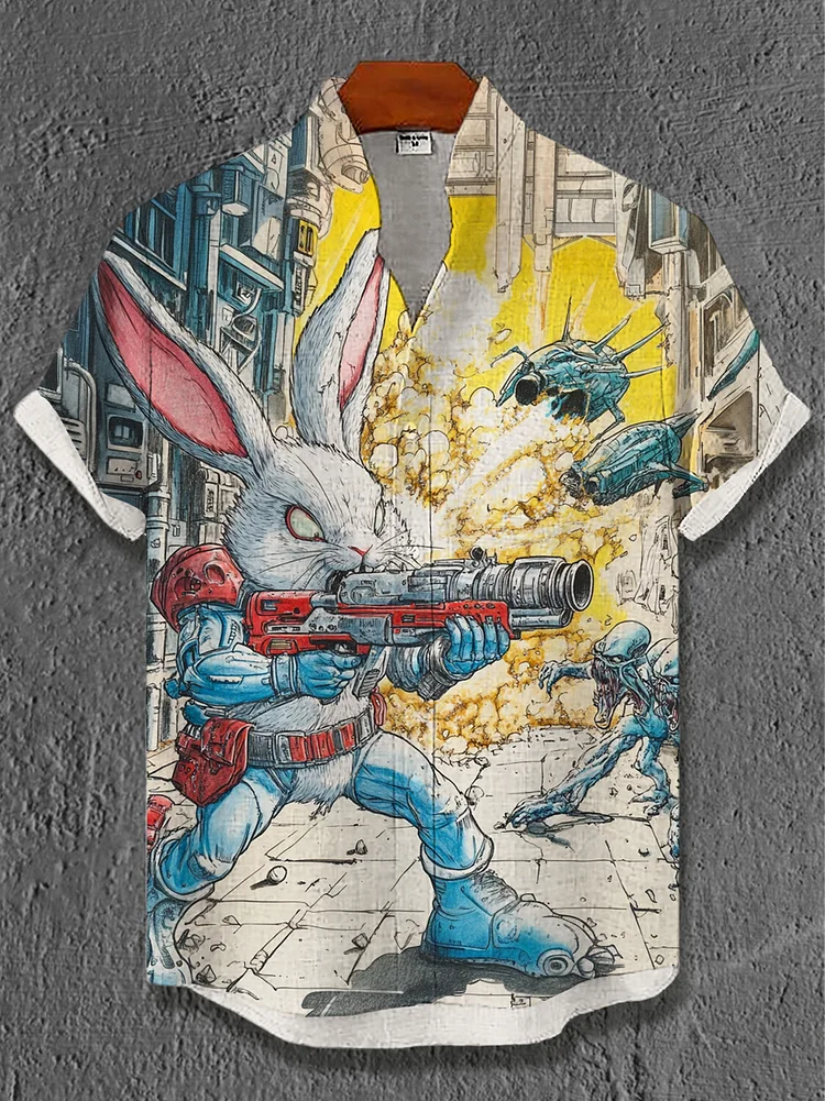 Men's Cyberpunk Rabbits Vs Aliens Art Print Casual Shirt