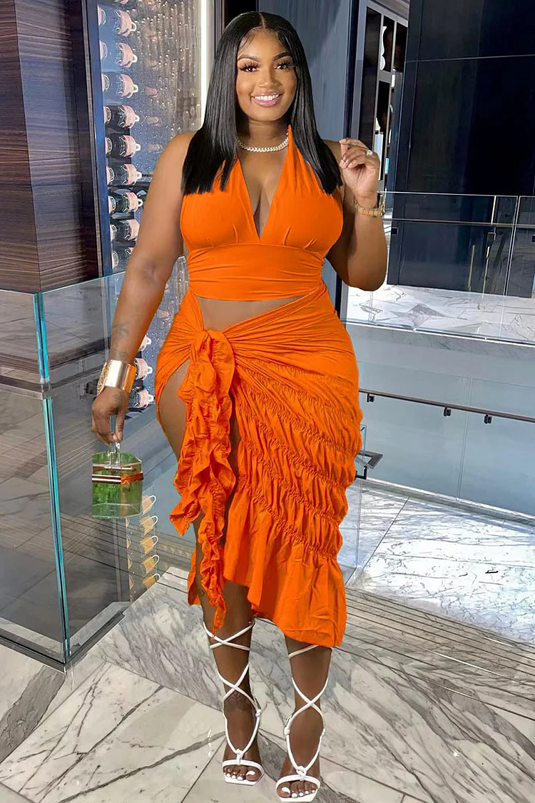 Deep V Neck Backless Crop Top High Slit Ruched Asymmetrical Ruffled Midi Skirt Matching Set