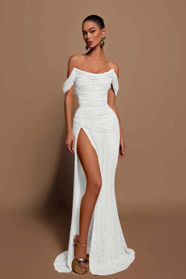 Daisda Glamorous Sequins Off the Shoulder Sleeveless Pleated Long Prom Dress with Split