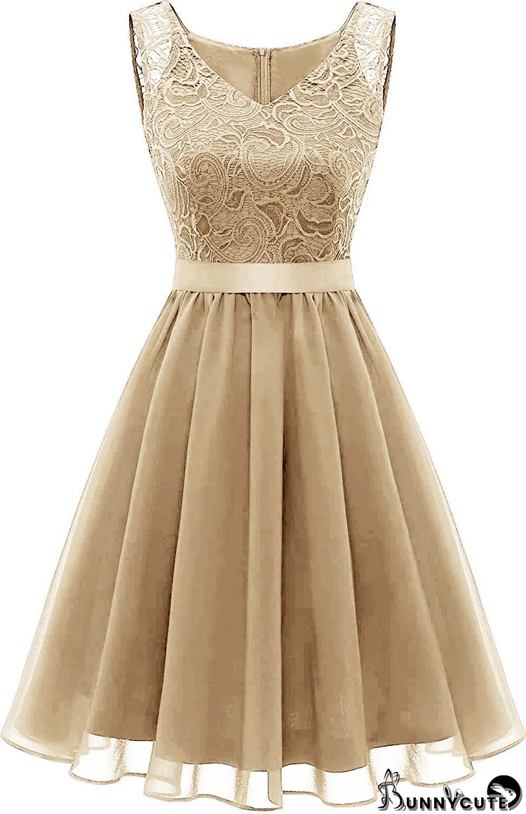 Lace Chiffon Dress French Chic Slim Fit V-Neck Sleeveless Bowknot A-Line Dress