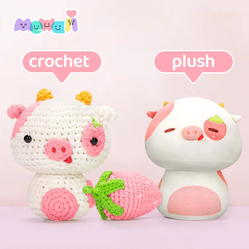 Mewaii Crochet Kits For Beginner and Kawaii Starwberry Cow Plush Crochet Kits with Easy Peasy Yarn For Adults