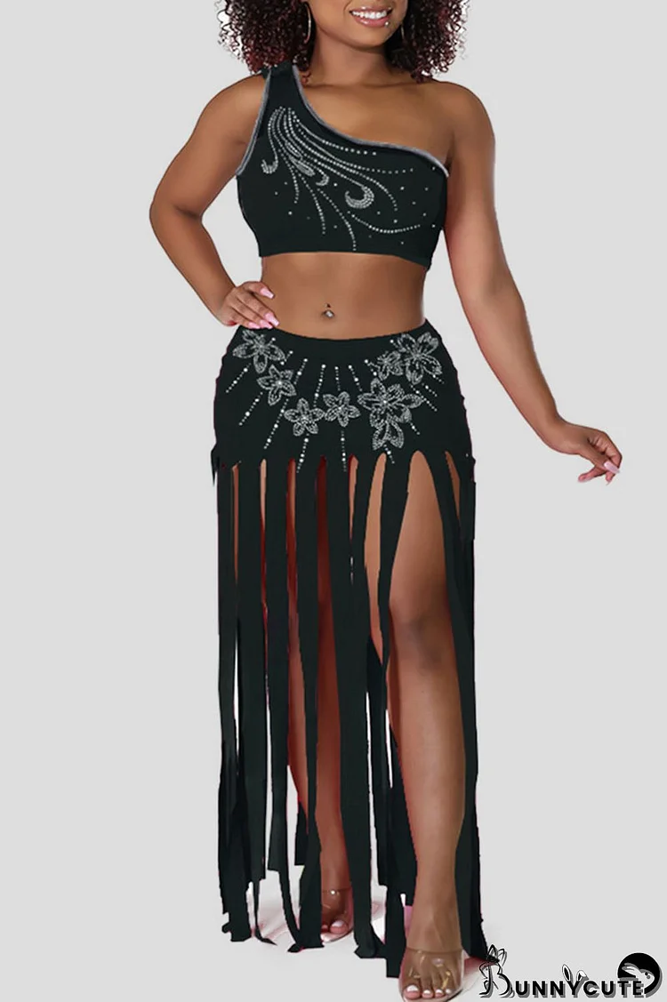 Black Sexy Solid Tassel Patchwork Hot Drill Oblique Collar Two Pieces