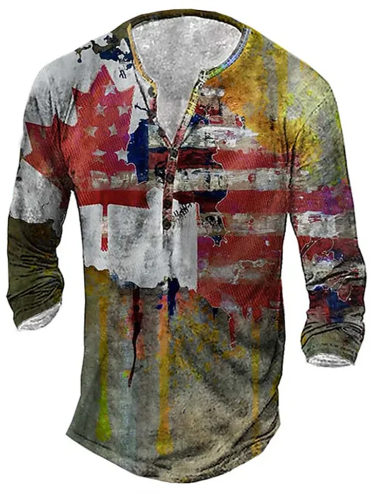 Men's Henley Shirt T shirt Tee Tee Graphic American Flag Henley Green Black Purple Yellow Light gray Plus Size Street Casual Long Sleeve Button-Down Print Clothing Apparel Basic Vintage Casual Classic-Cosfine