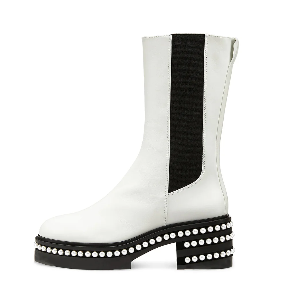 White and Black Round Toe Chunky Chelsea Boots Pearl Decors Mid Calf Boots Nicepairs