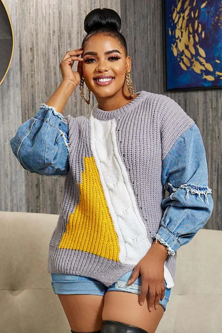 Denim Patchwork Raw Edge Long Sleeve Knit Round Neck Sweater -Grey