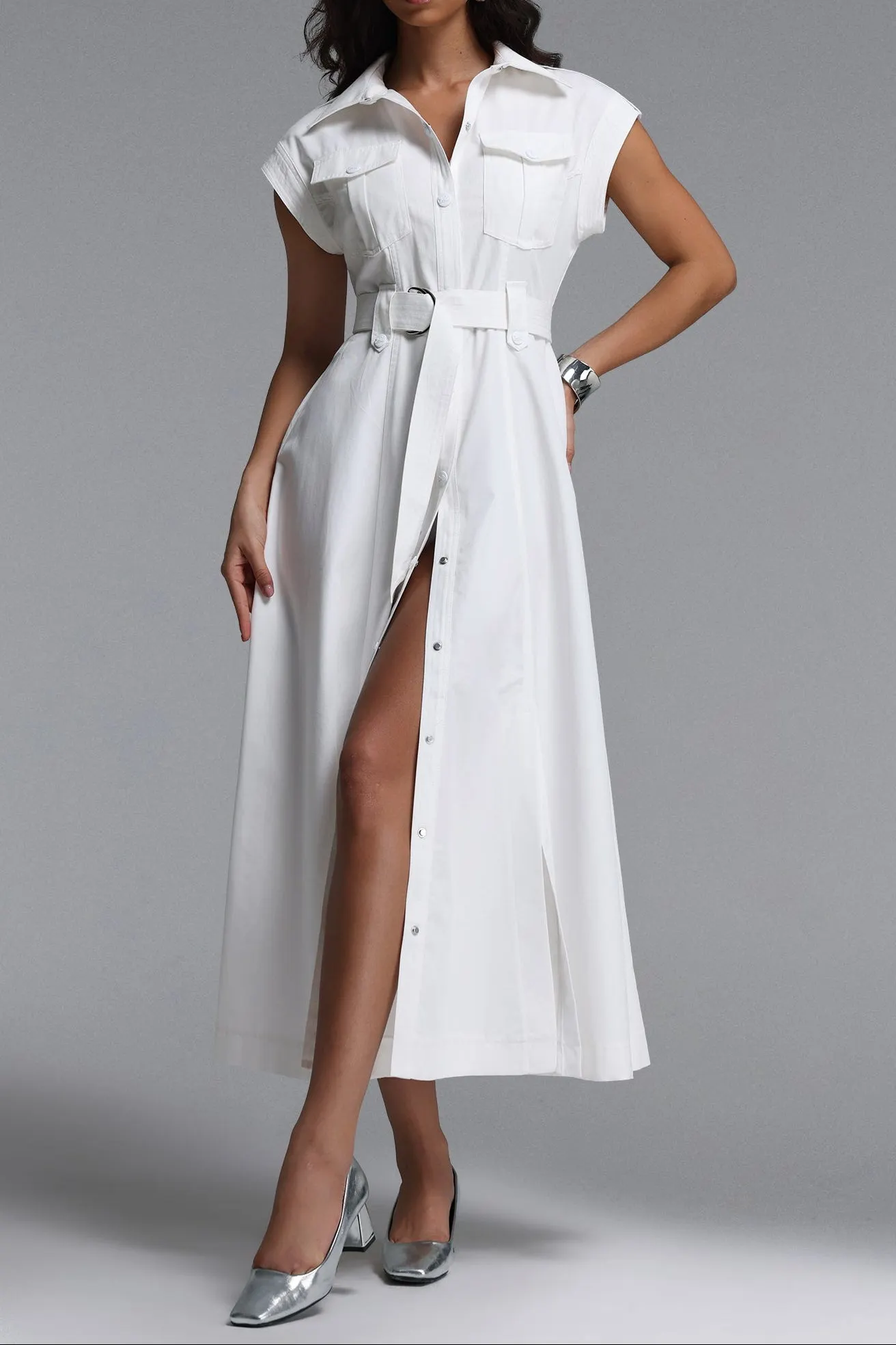 white cargo dress Oversized Snowy vamaone it features a button Fashionslee Women White Cap Sleeve