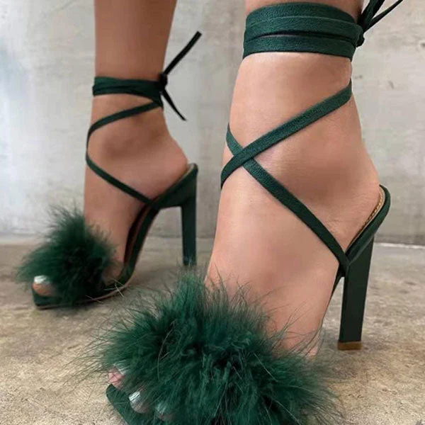 Feather Decor Solid Color Party Strappy Sandals