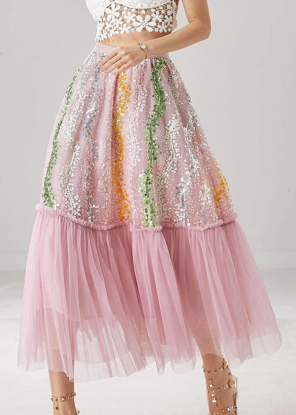 Pink Pearl Patchwork Tulle Maxi Dress For Girls By Wavlynn Delicate Summer Party Gown