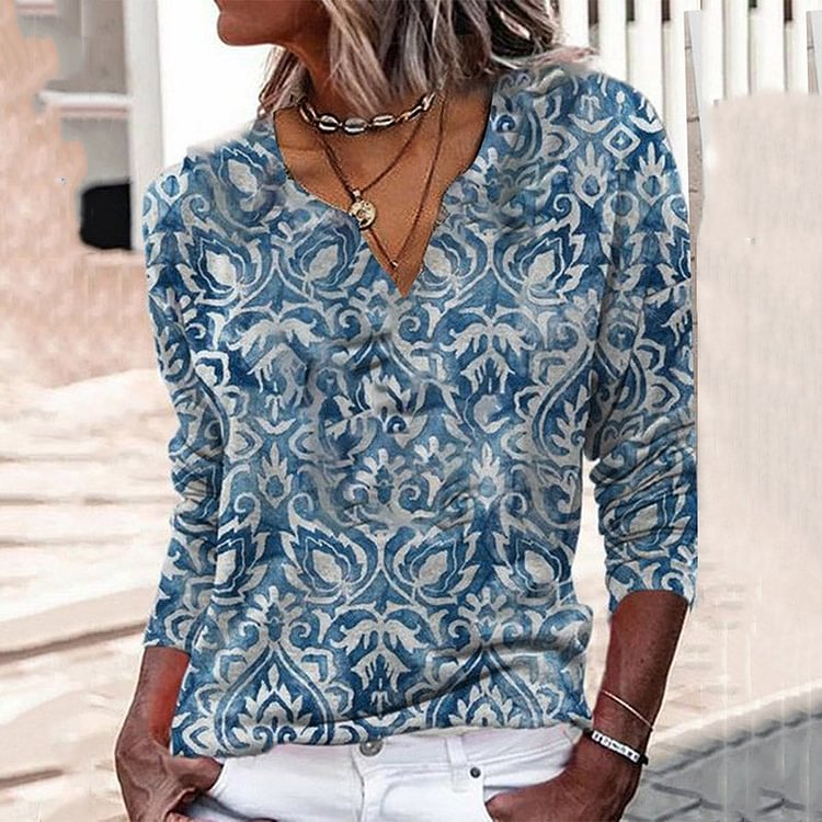VChics Vintage Print V Neck Long Sleeve Casual T-Shirt