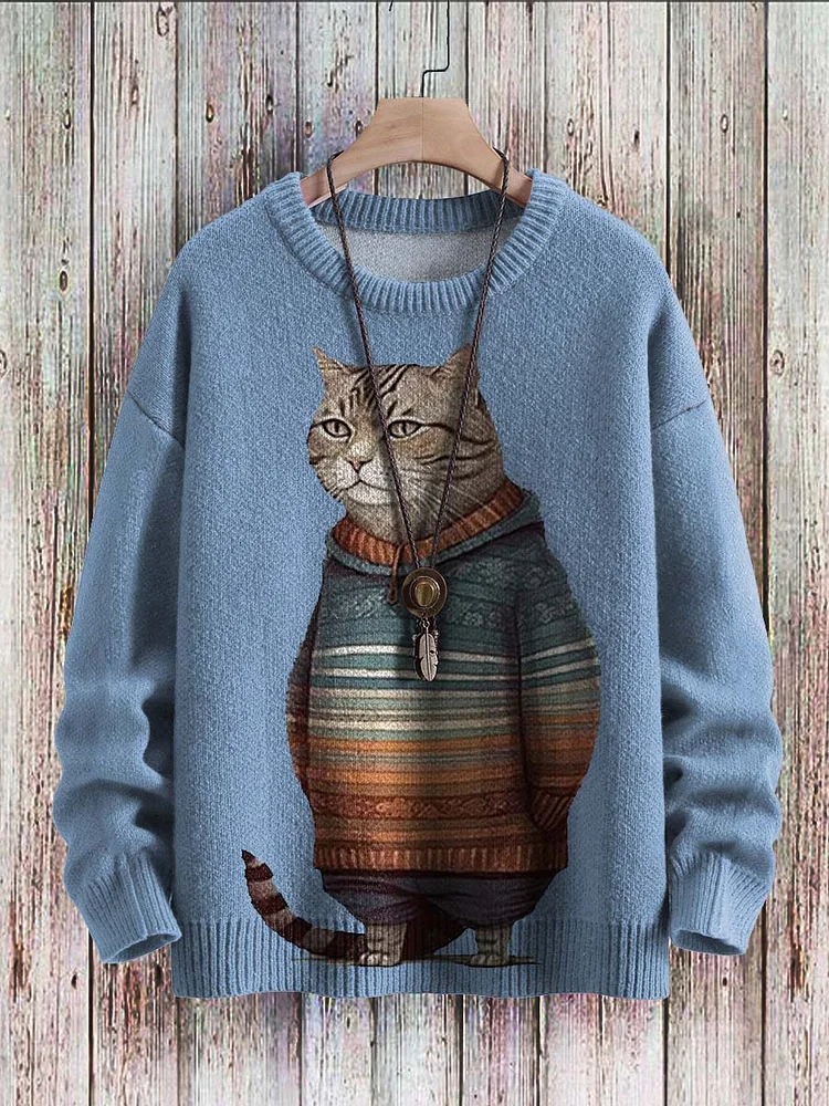 Cute Winter Cat Art Pattern Print Casual Knit Pullover Sweater